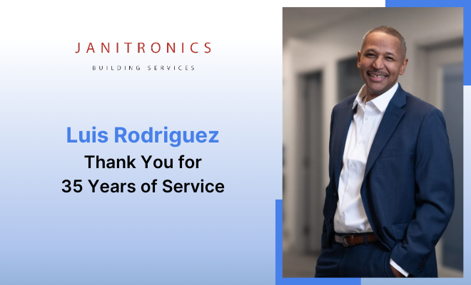 Luis Rodriguez is honored for 35 years of dedicated service at Janitronics