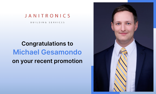 A professional headshot celebrating Michael Gesamondo’s career advancement