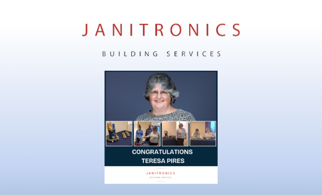 Teresa Pires is celebrated for her achievements with a Janitronics employee recognition post