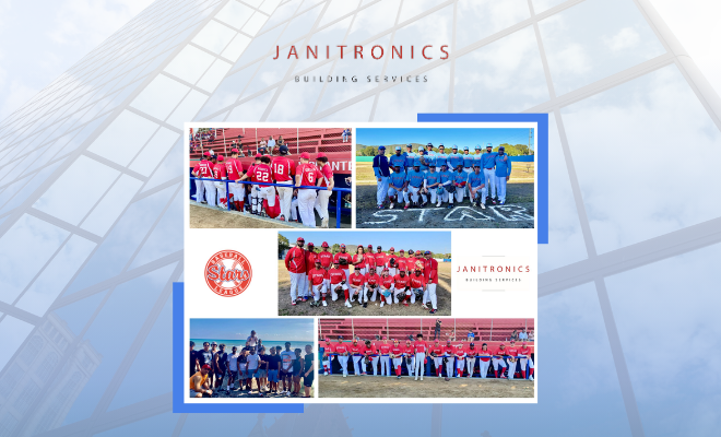 A collage of baseball teams in Janitronics-sponsored uniforms at a sports event
